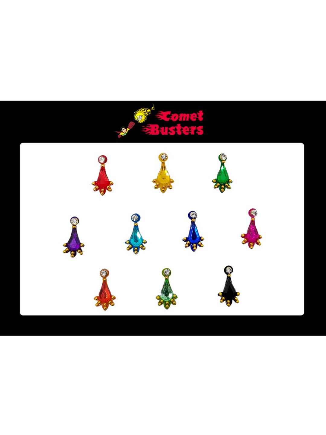 

Comet Busters 10 Pcs Embellished Reusable Designer Bindis - Multicoloured, Multi
