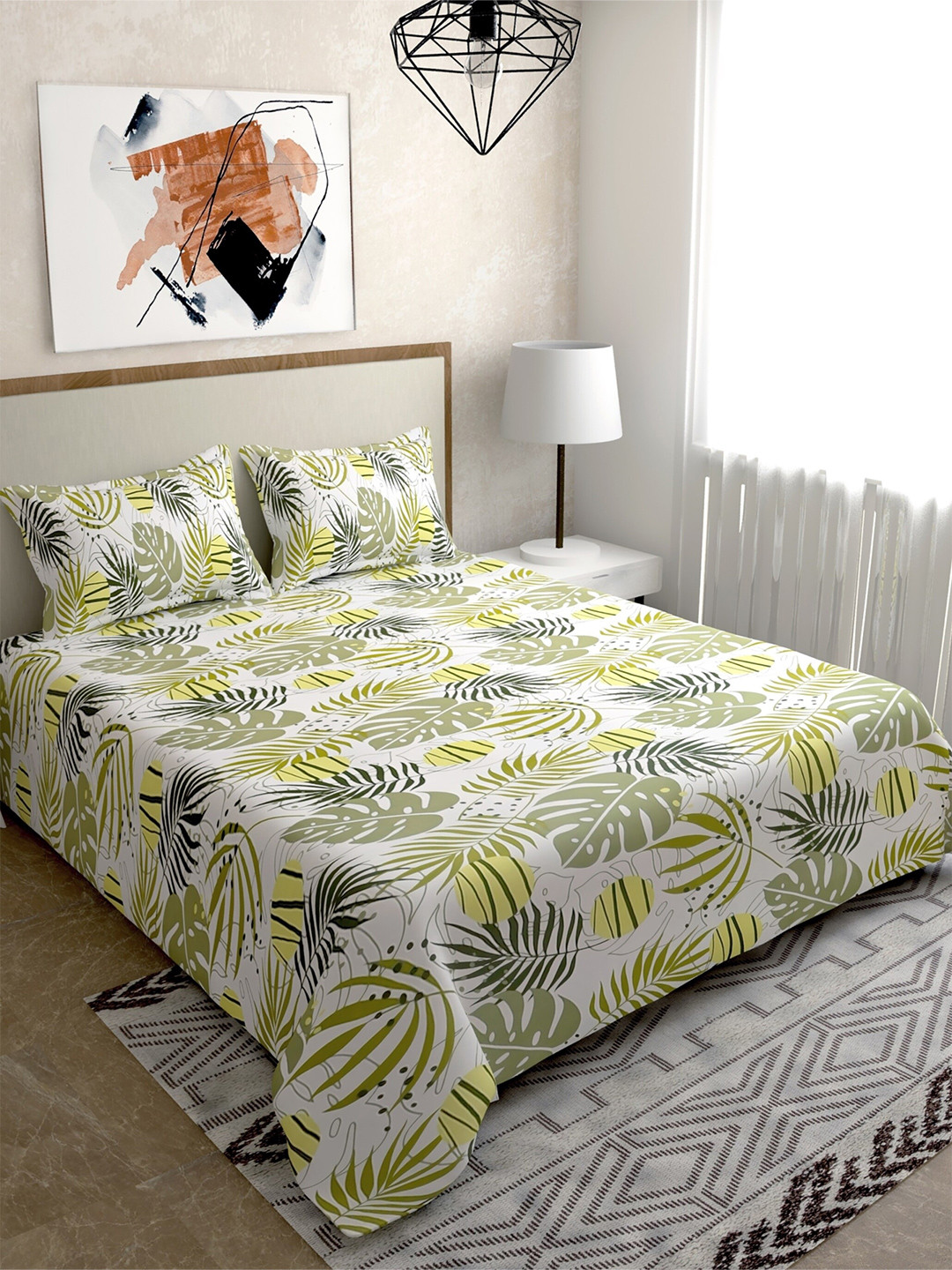 

Salona Bichona Green & White Floral 180 TC Queen Bedsheet with 2 Pillow Covers