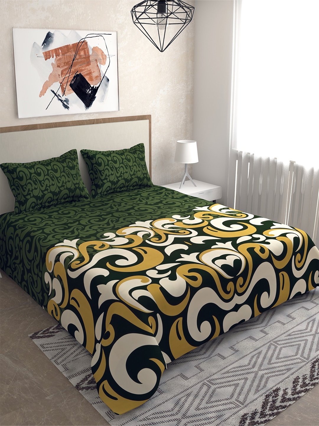 

Salona Bichona Green & White 120 TC Queen 100% Cotton Bedsheet with 2 Pillow Covers
