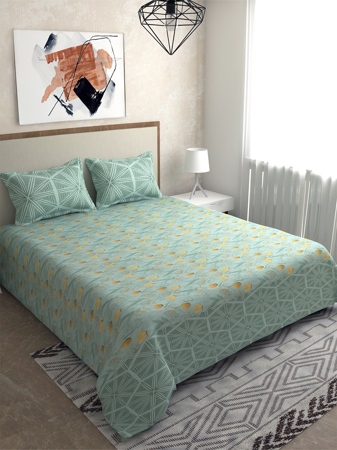 

Salona Bichona Green & Yellow Floral 144 TC King Bedsheet with 2 Pillow Covers