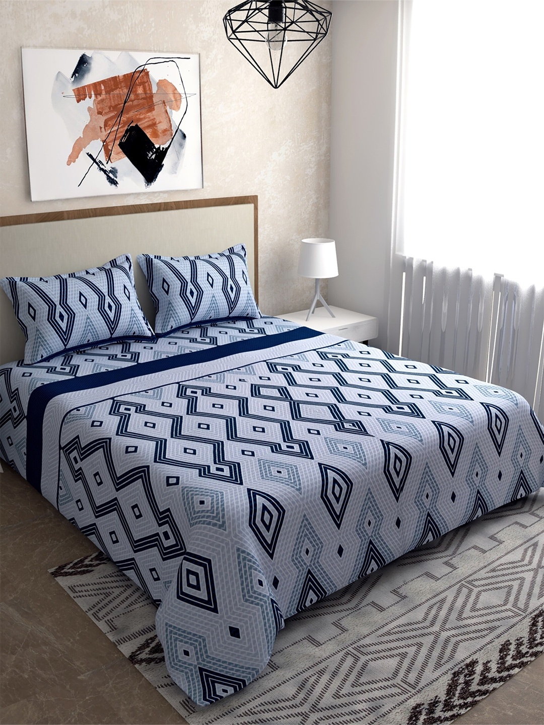 

Salona Bichona Blue & Grey Geometric 120 TC King Bedsheet with 2 Pillow Covers