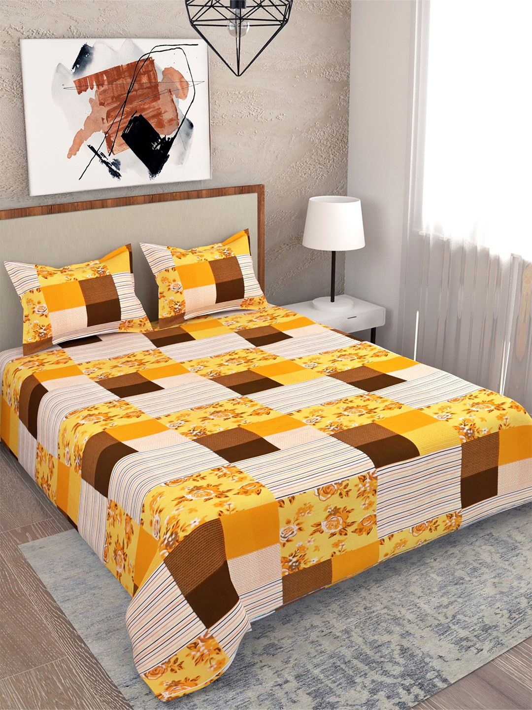 

Salona Bichona Yellow & Brown Floral 104 TC Queen Bedsheet with 2 Pillow Covers