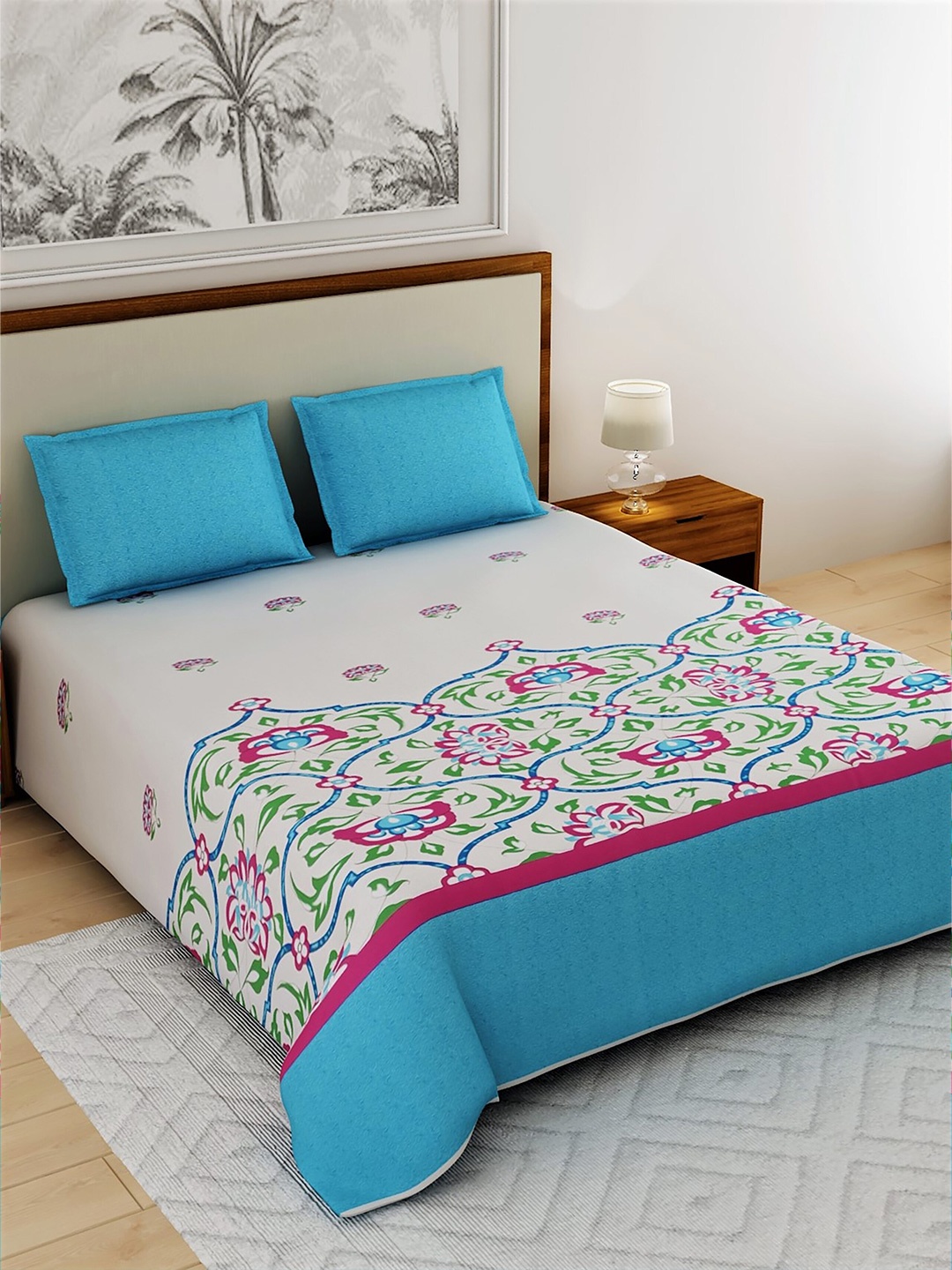 

Salona Bichona Turquoise Blue & White Floral 180 TC King Bedsheet with 2 Pillow Covers