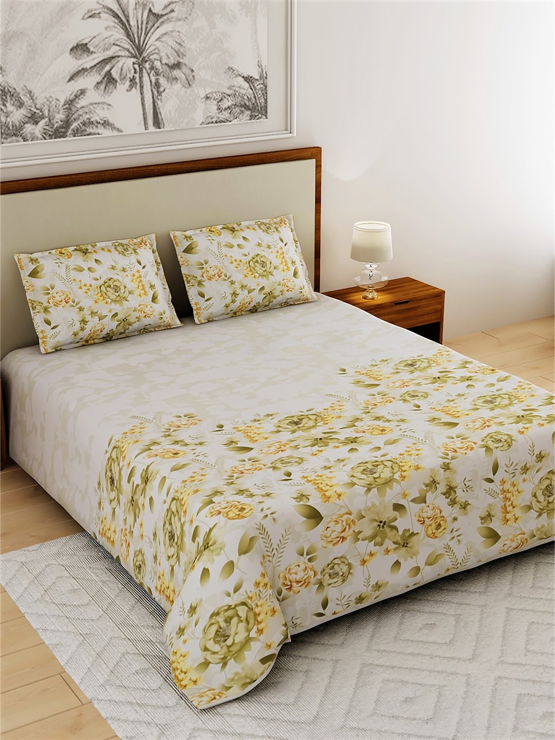 

Salona Bichona Grey & Green Floral 180 TC Queen Cotton Bedsheet with 2 Pillow Covers