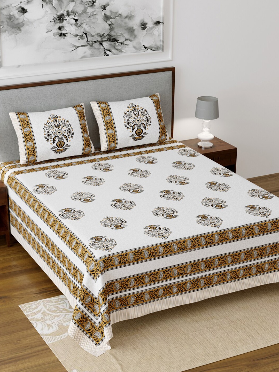 

Salona Bichona White & Mustard Ethnic Motifs 120 TC Cotton King Bedsheet with 2 Pillow Covers