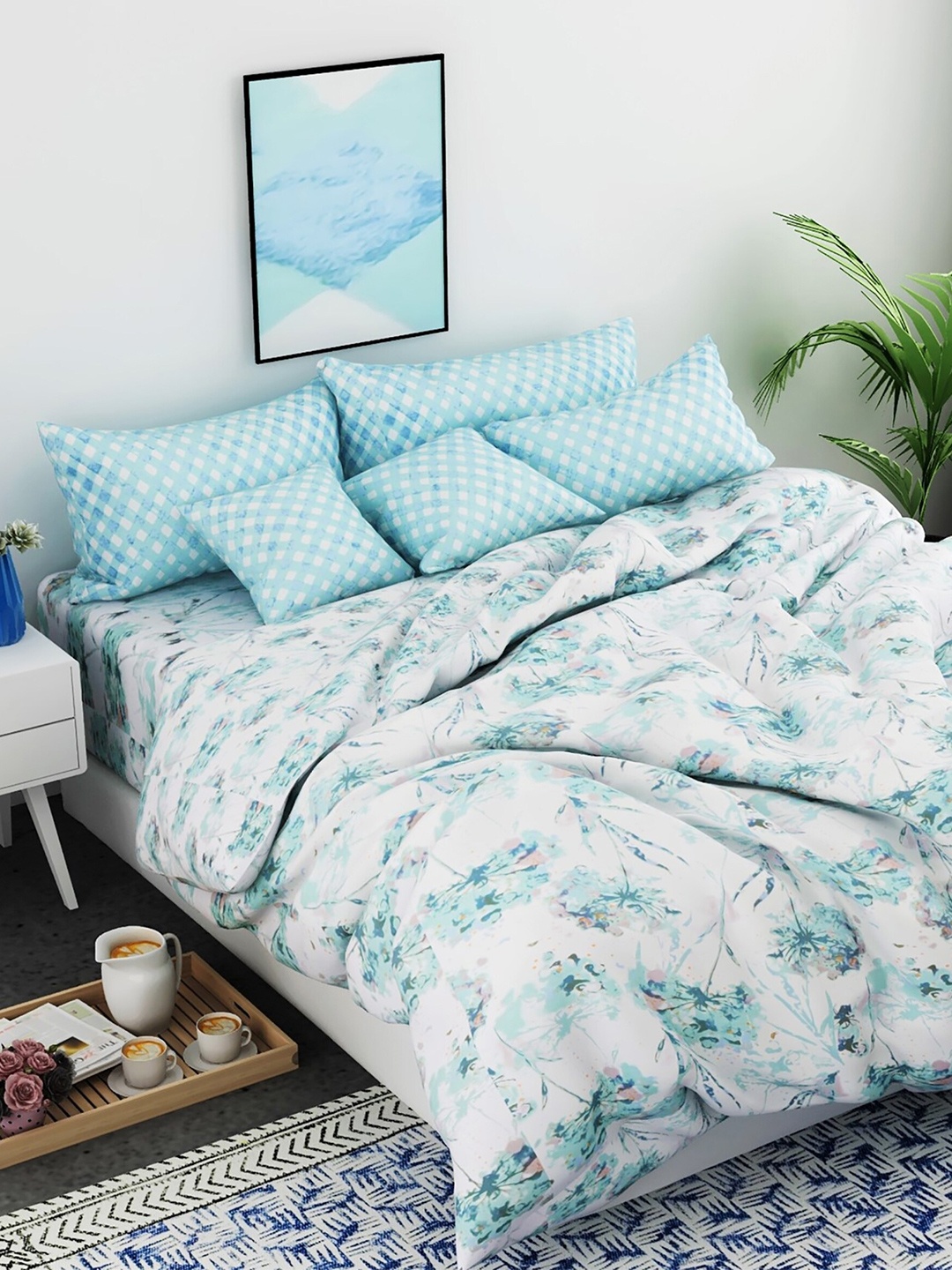 

Salona Bichona White & Blue Floral 104 TC Queen Bedsheet with 2 Pillow Covers