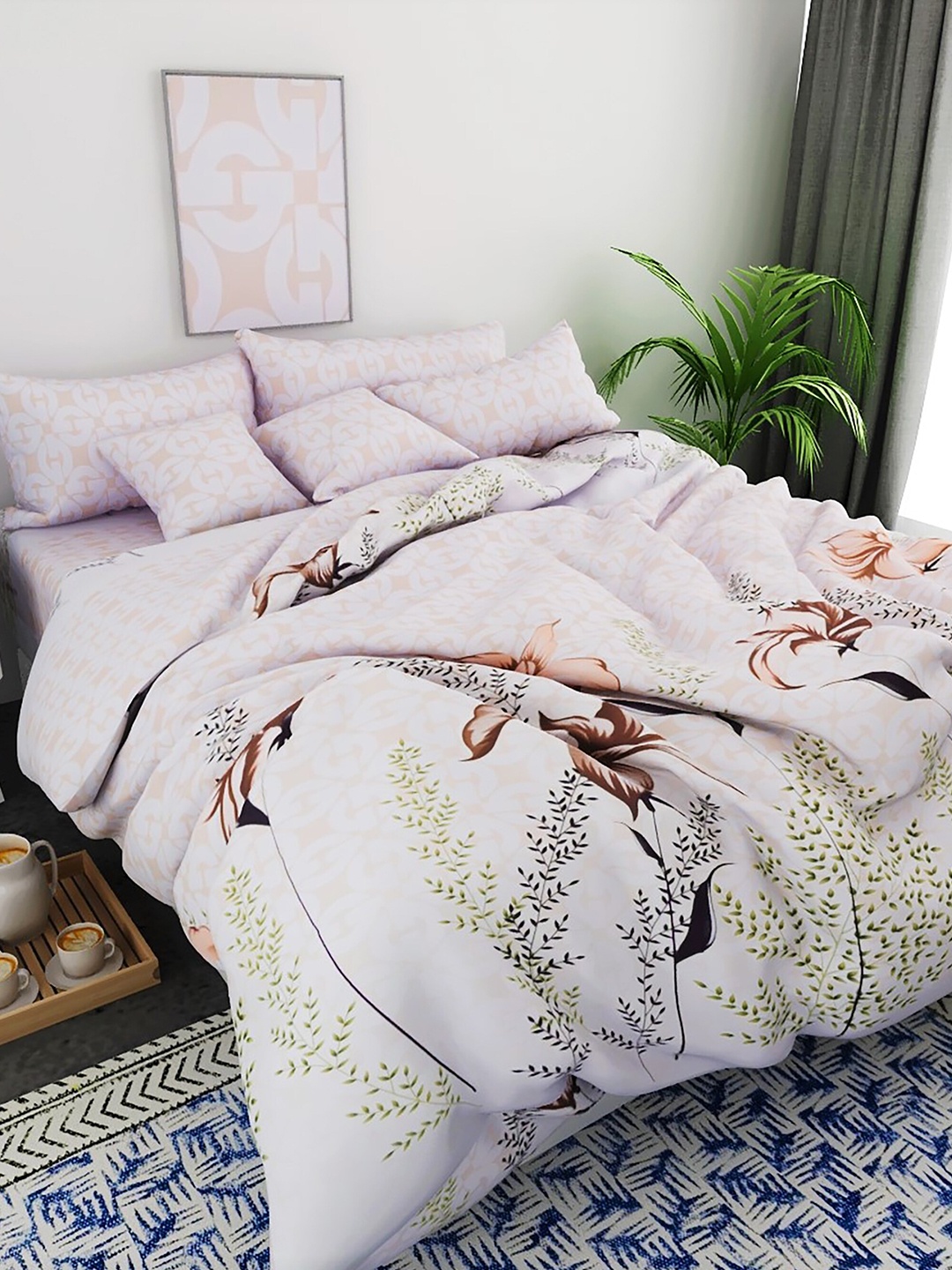 

Salona Bichona White & Brown Floral 180 TC King Bedsheet with 2 Pillow Covers
