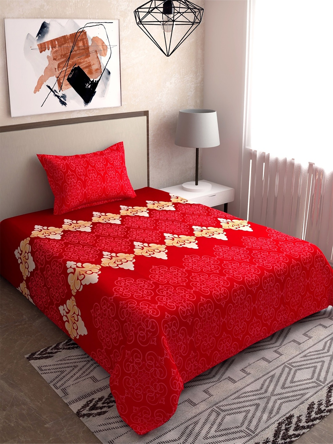 

Salona Bichona Red & Peach-Coloured Floral 120 TC Single Bedsheet with 1 Pillow Covers