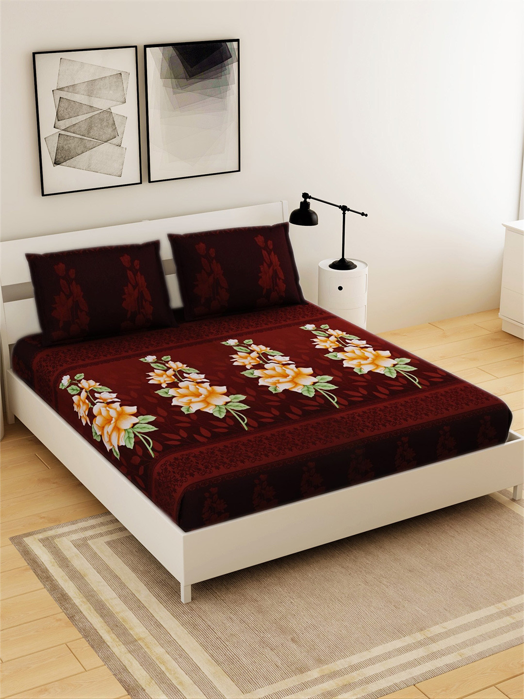 

Salona Bichona Brown & Yellow Floral 120 TC Pure Cotton King Bedsheet with 2 Pillow Covers