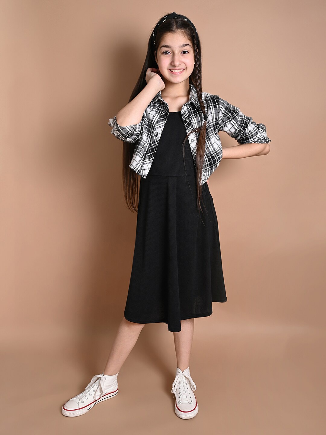 

LilPicks Girls Black & White Acrylic A-Line Midi Dress with Checkered Shirt Jacket