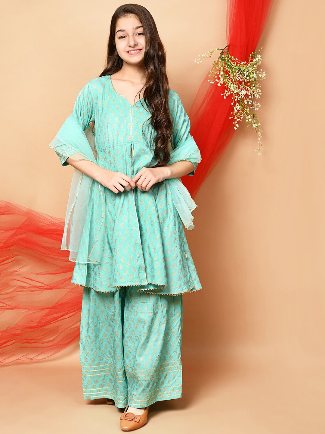 

LilPicks Girls Blue Printed Pure Cotton Kurta with Sharara & Dupatta