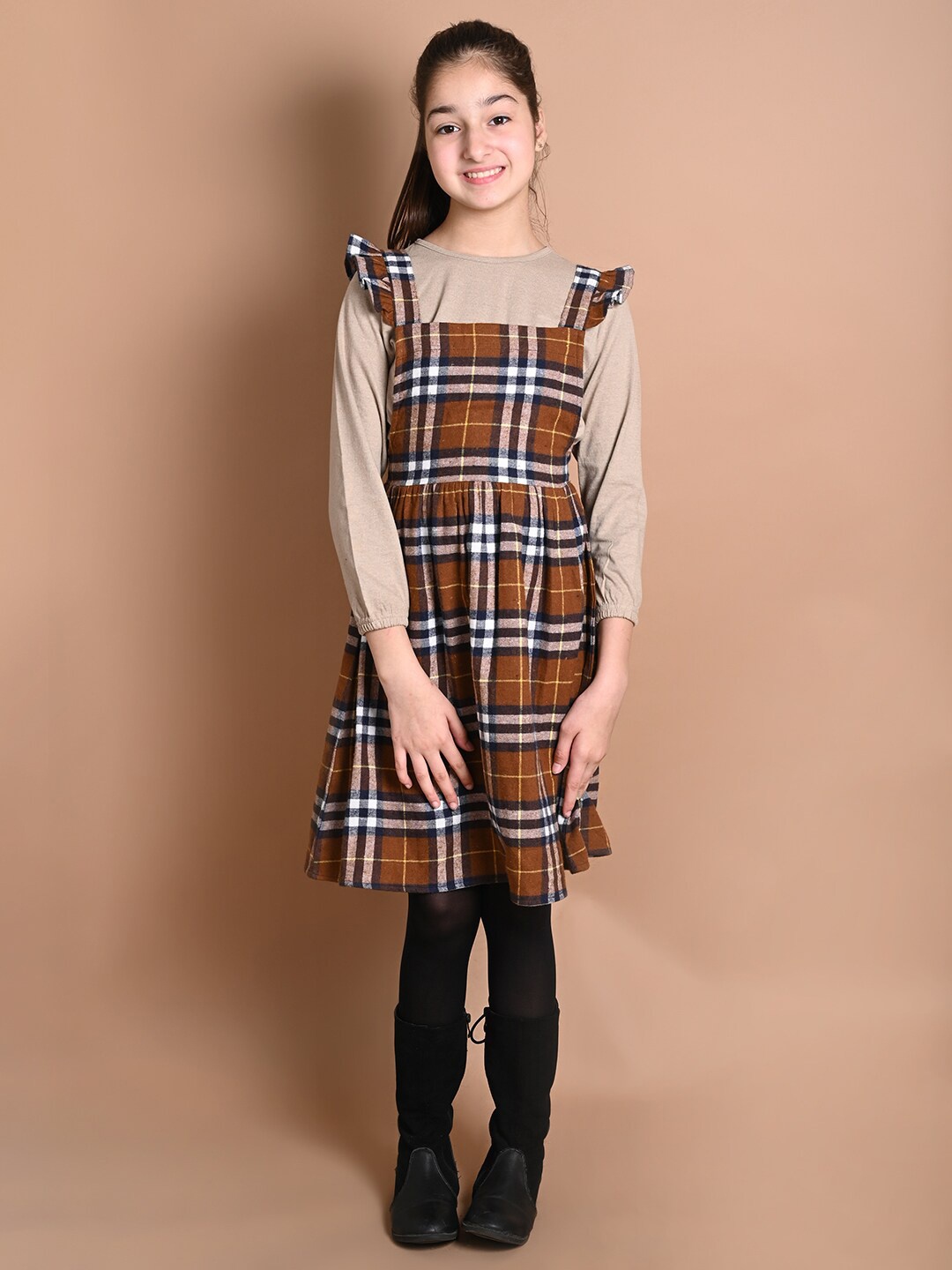 

LilPicks Brown Checked Cotton Pinafore Dress with Long Sleeve T-shirt
