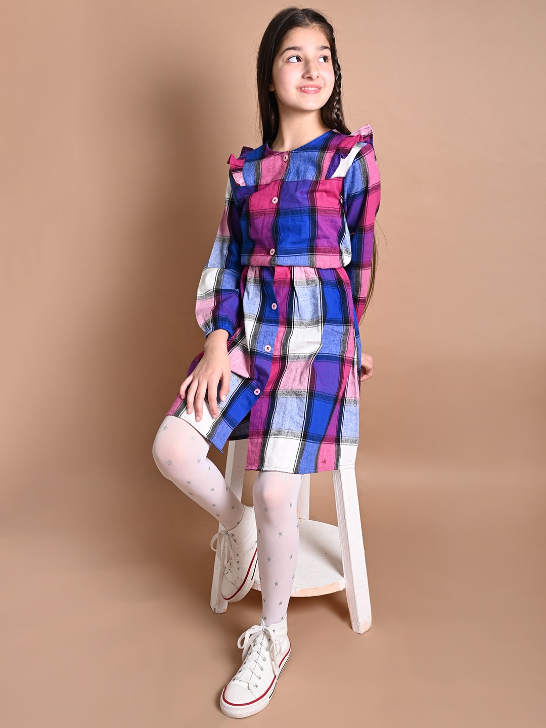 

LilPicks Girls Blue & Pink Checked Acrylic Fit and Flare Dress