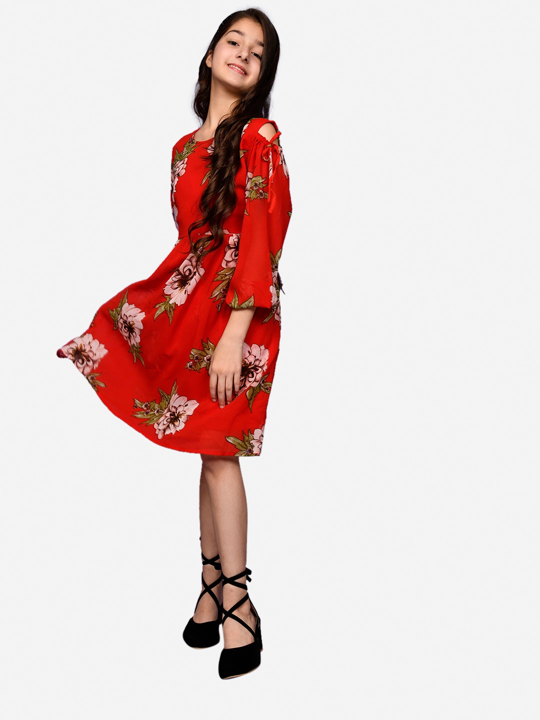 LilPicks Red Floral Printed Georgette A-Line Dress