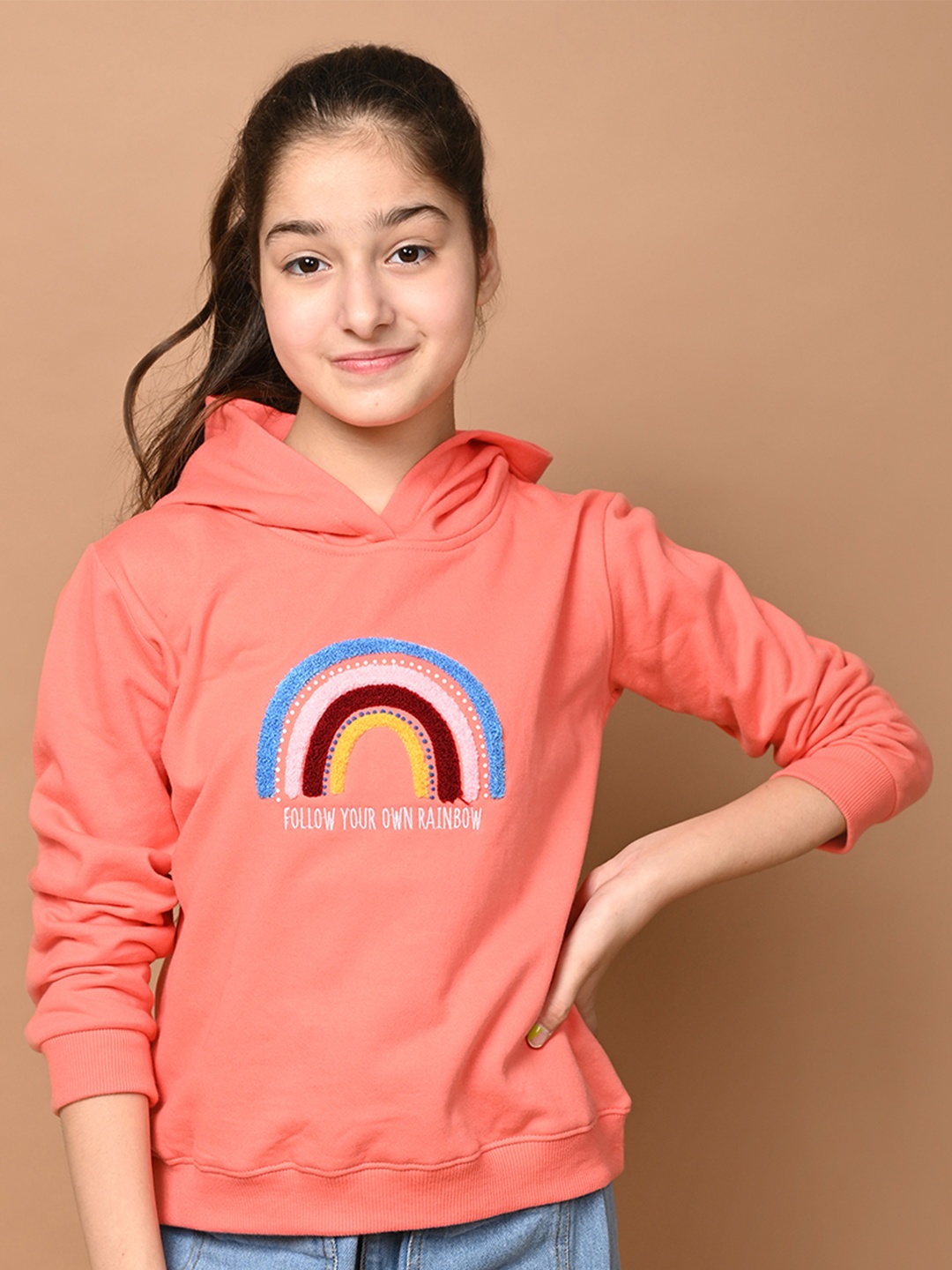 

LilPicks Girls Peach-Coloured Printed Hooded Sweatshirt