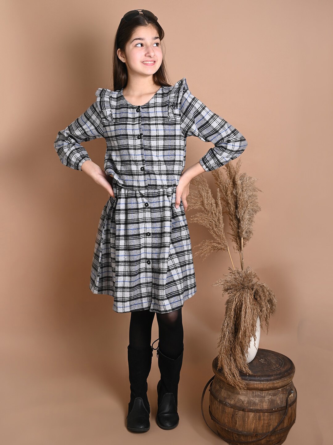 

LilPicks Grey Checked A-Line Dress