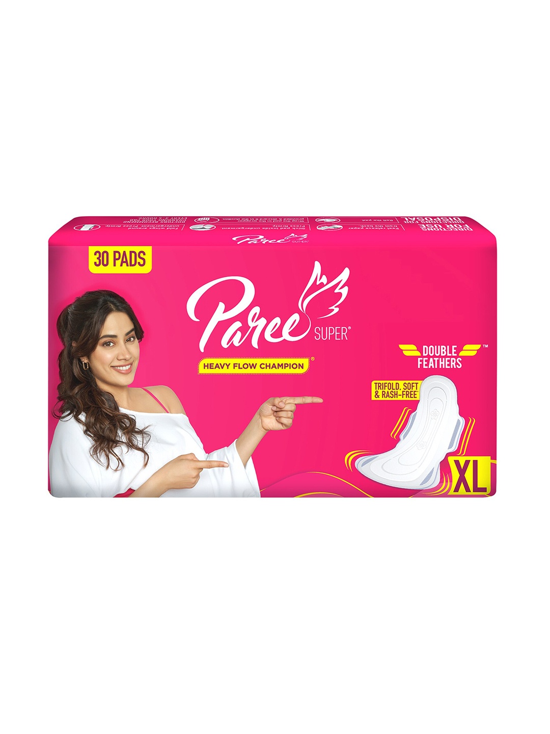 

Paree Double Feathers Trifold & Soft Heavy Flow Champion XL Sanitary Pads - 30 Pads, Pink