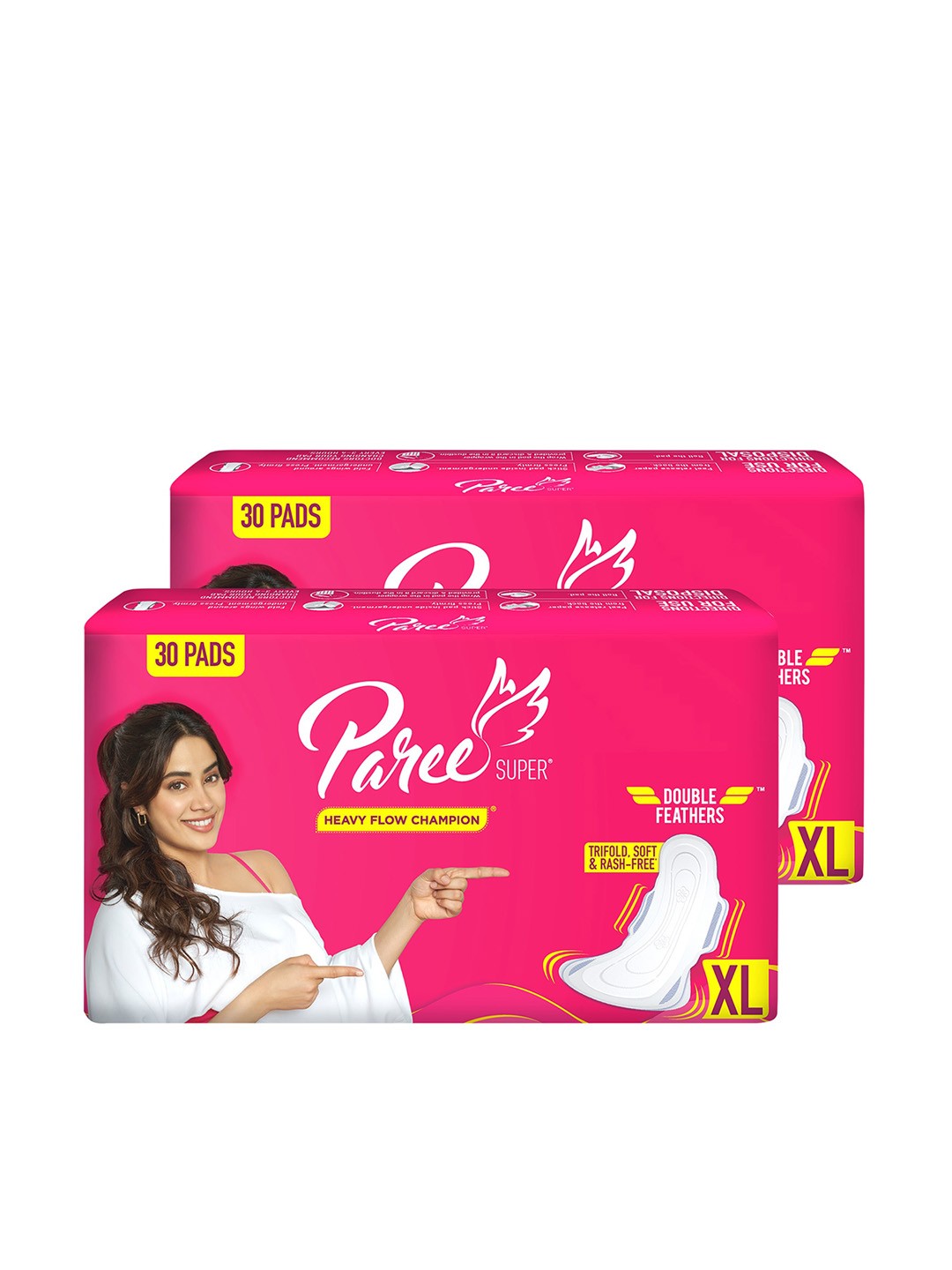 

Paree Set Of 2 Double Feathers Trifold & Soft Heavy Flow XL Sanitary Pads - 30 Pads Each, Pink