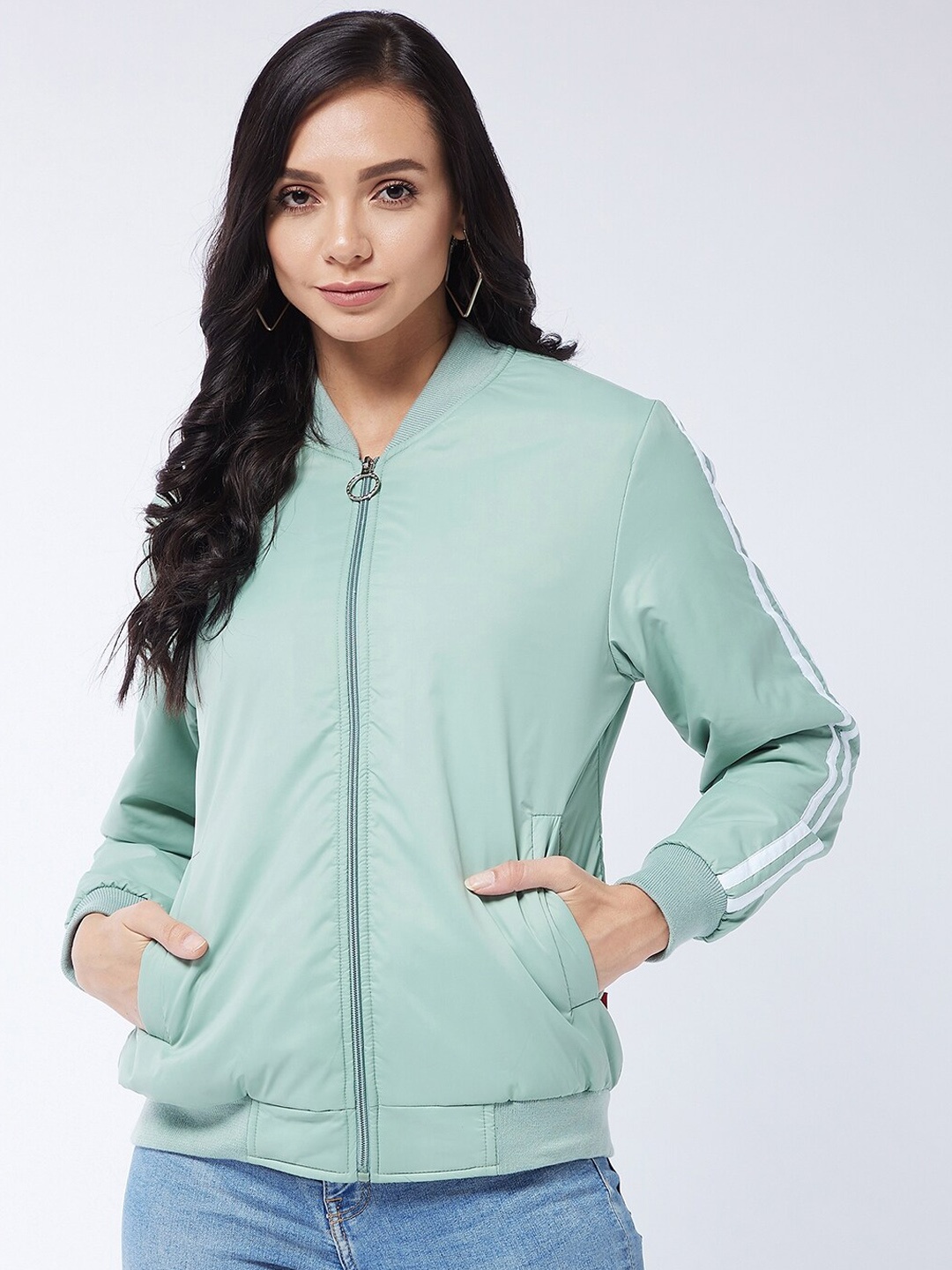 

Modeve Women Sea Green White Lightweight Bomber Full Sleeve Jacket