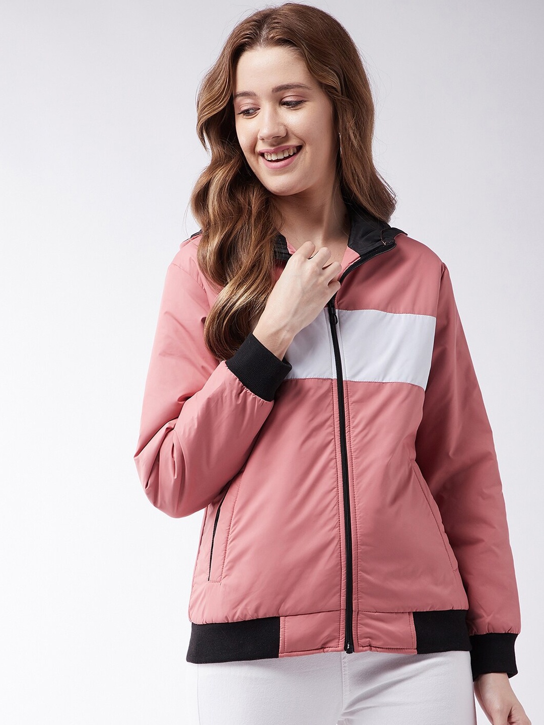 

Modeve Women Pink Colourblocked Lightweight Bomber Jacket