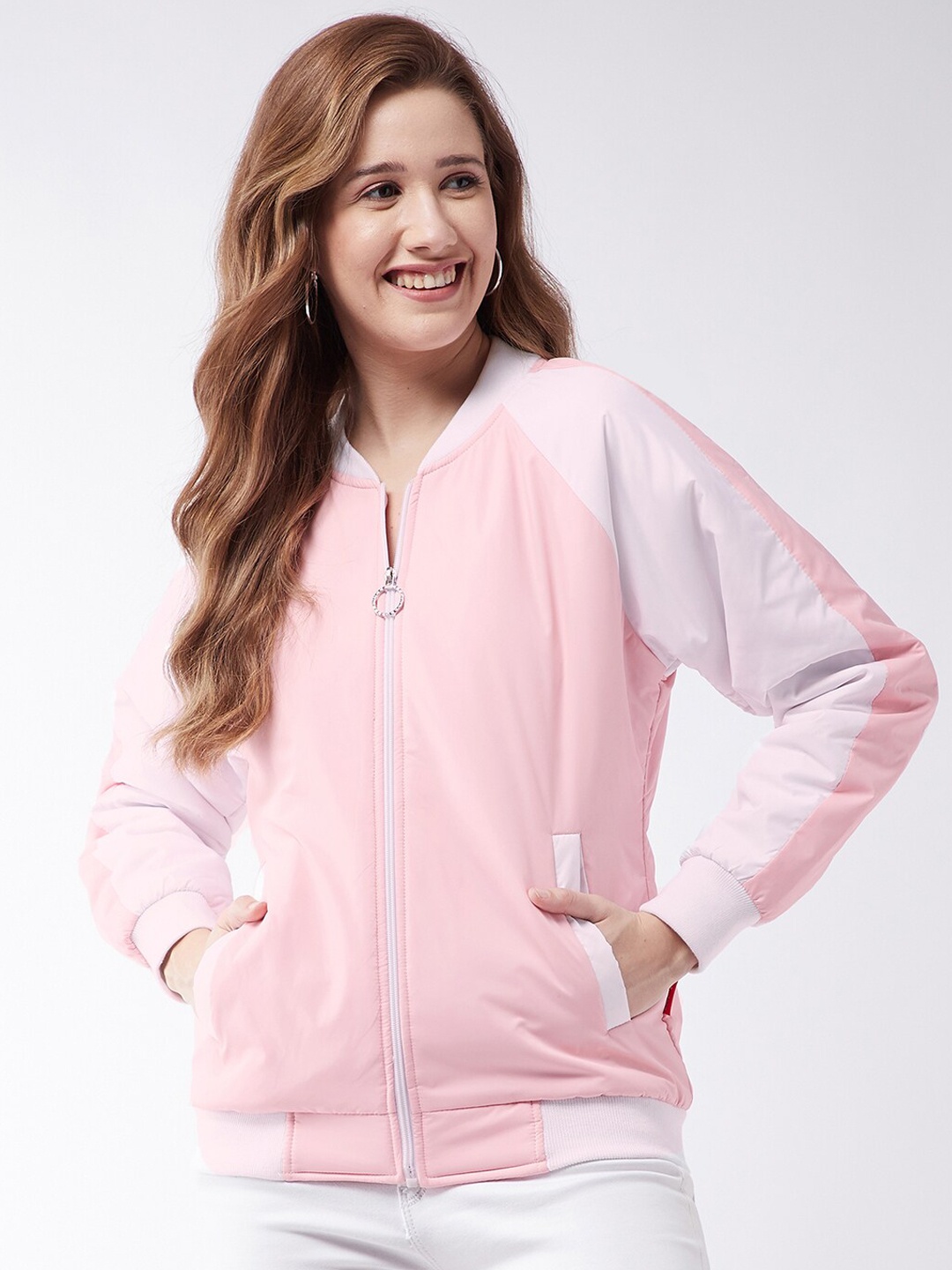 

Modeve Women Pink White Lightweight Bomber Jacket