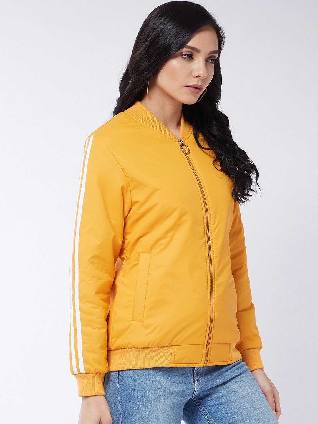 

Modeve Women Yellow White Lightweight Bomber Jacket