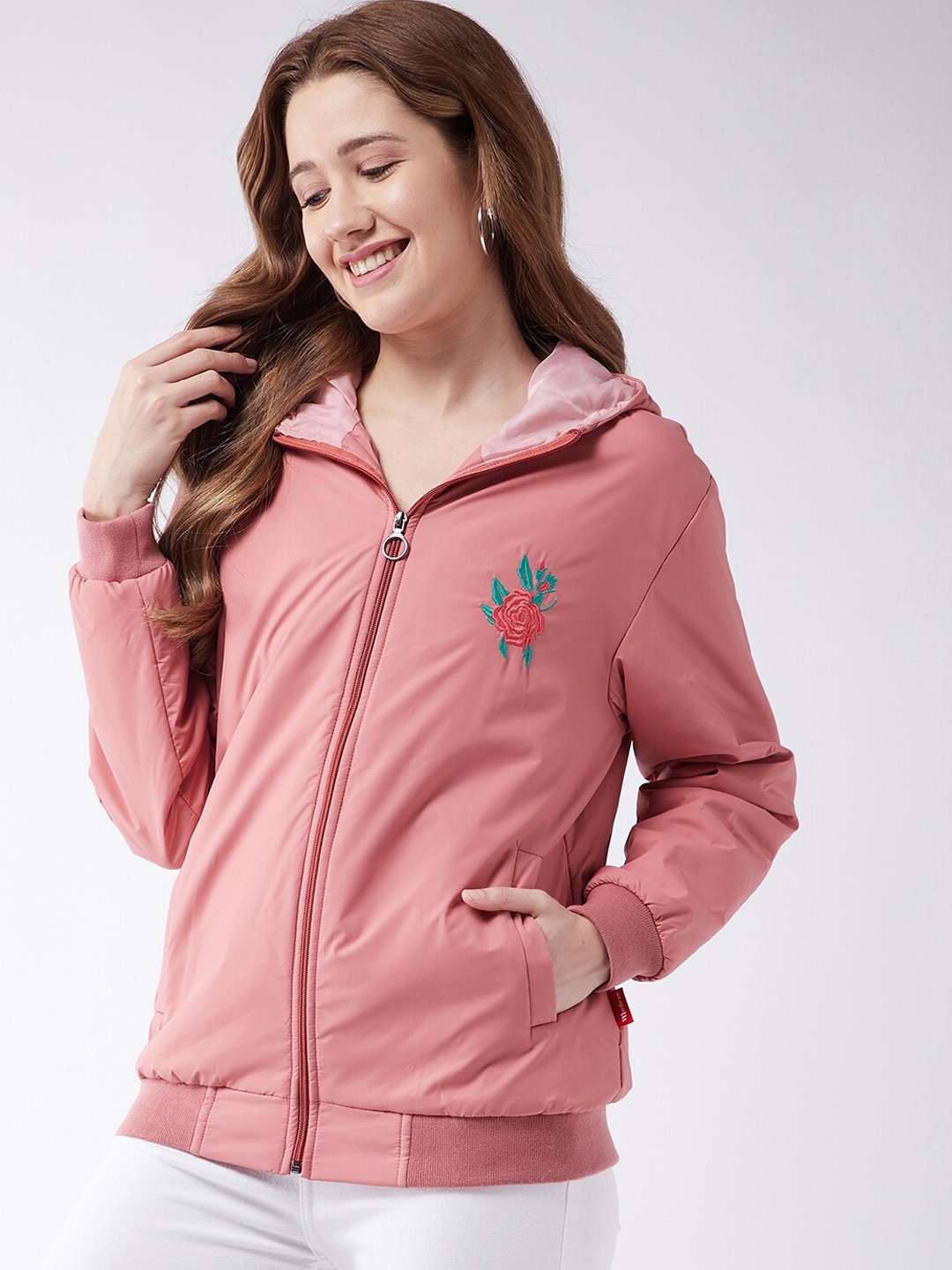 

Modeve Women Pink Lightweight Hooded Bomber Jacket