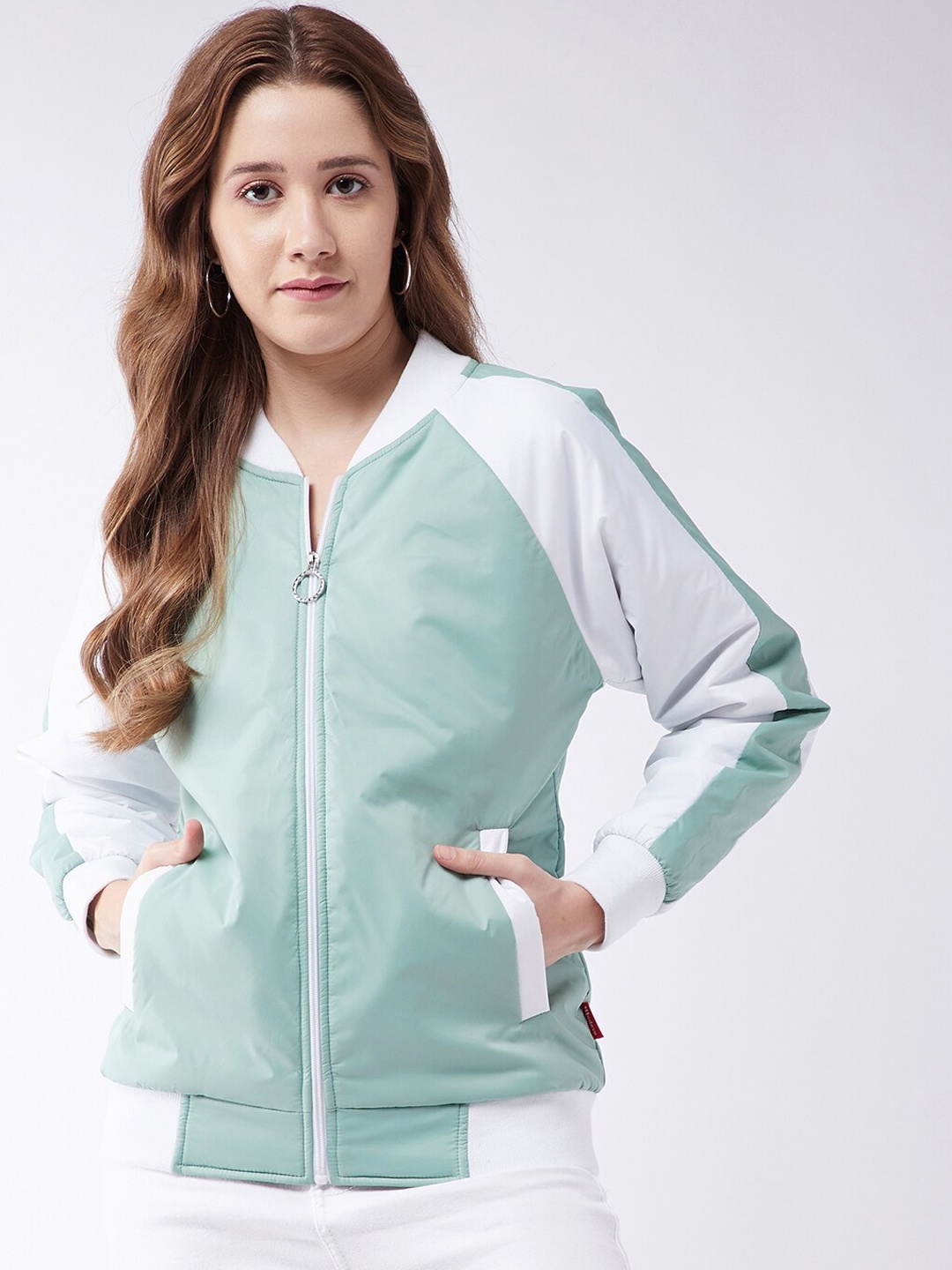 

Modeve Women Sea Green White Lightweight Full Sleeve Bomber Jacket