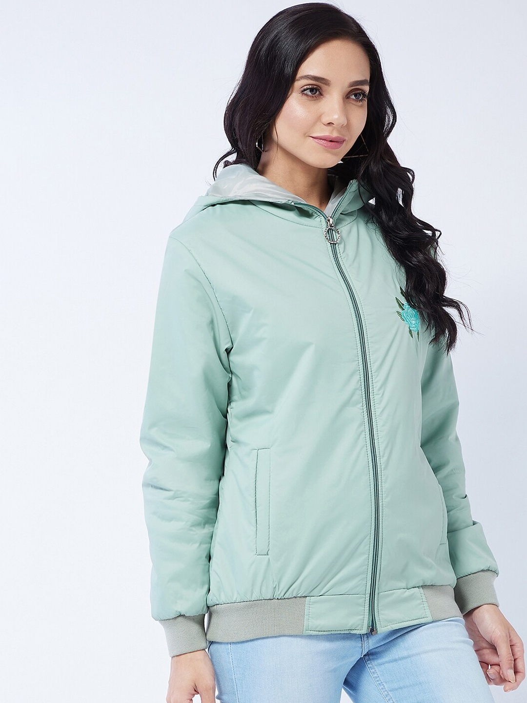 

Modeve Women Sea Green Lightweight Bomber with Embroidered Jacket