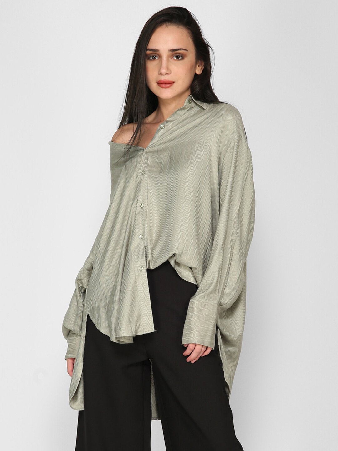 

I Love She Women Olive Green Comfort Over Casual Shirt
