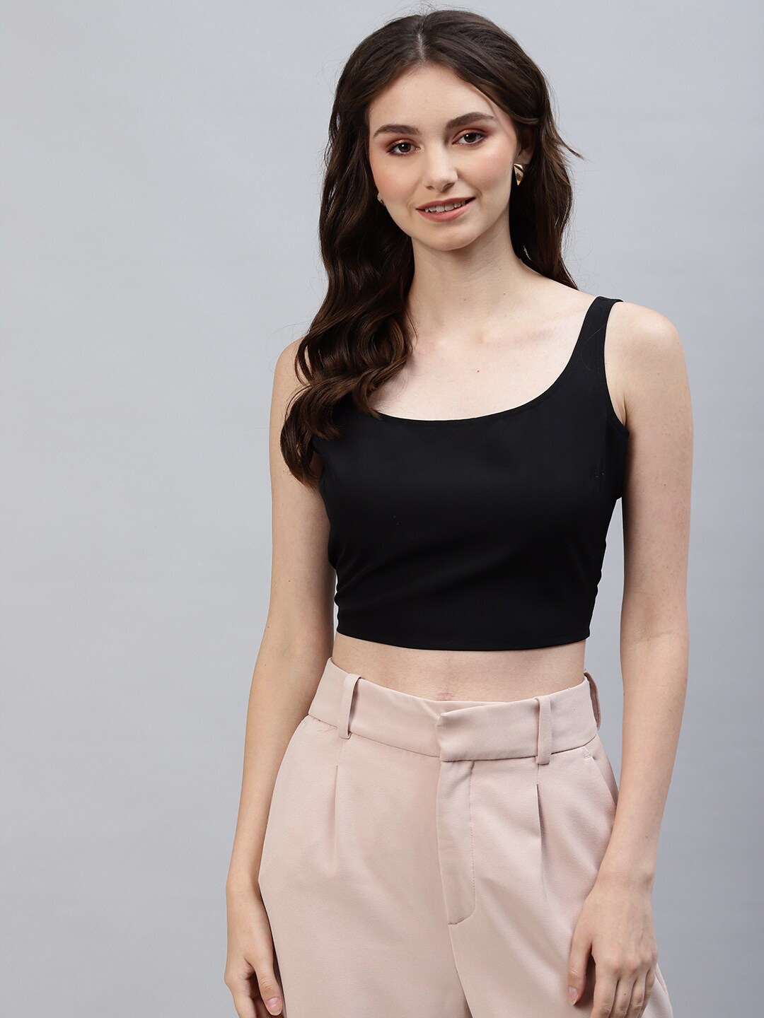 

DEEBACO Women Black Solid Polyester Crop Top