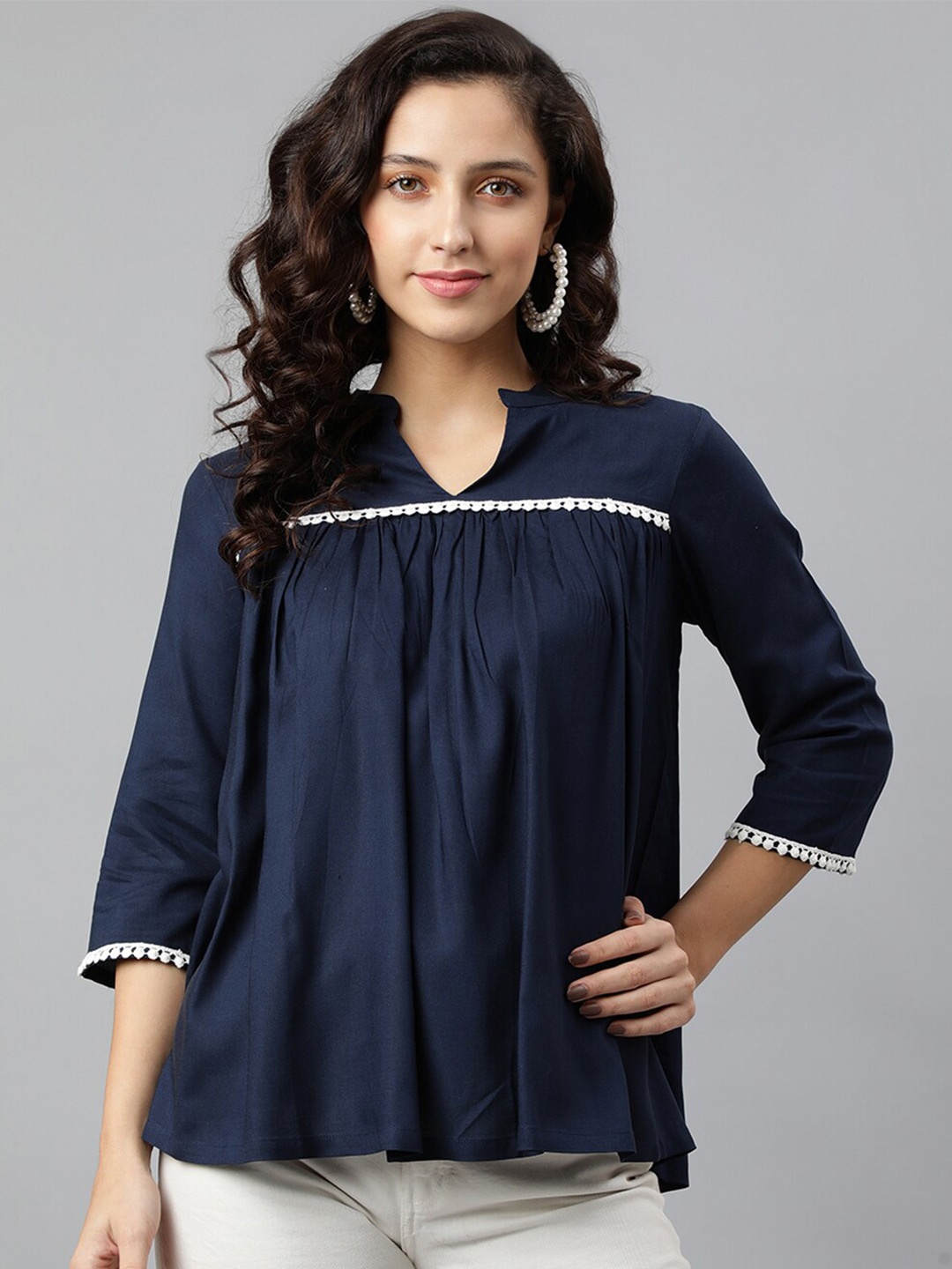 

DEEBACO Navy Blue Mandarin Collar Top