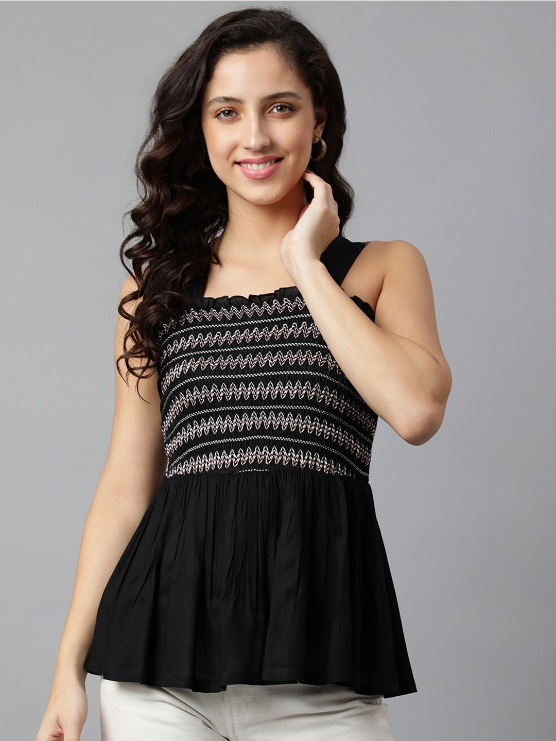 

DEEBACO Women Black & White Fit And Flare Embroidered Top