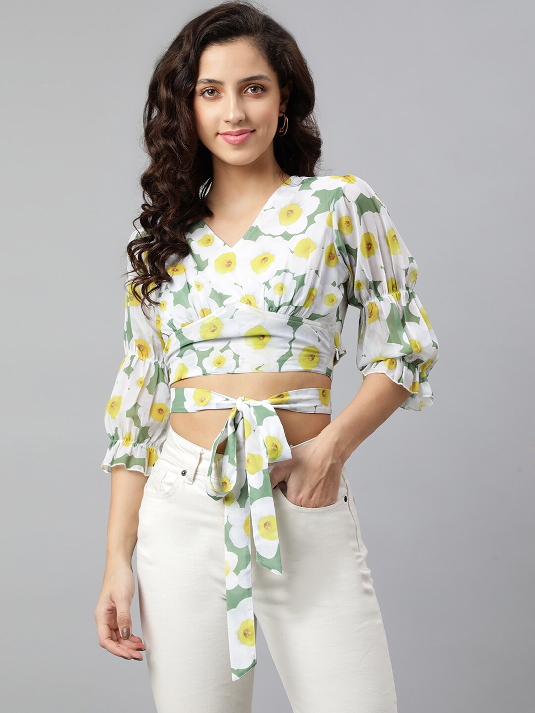 

DEEBACO Women Green & Cream-Coloured Floral Print Georgette Wrap Crop Top