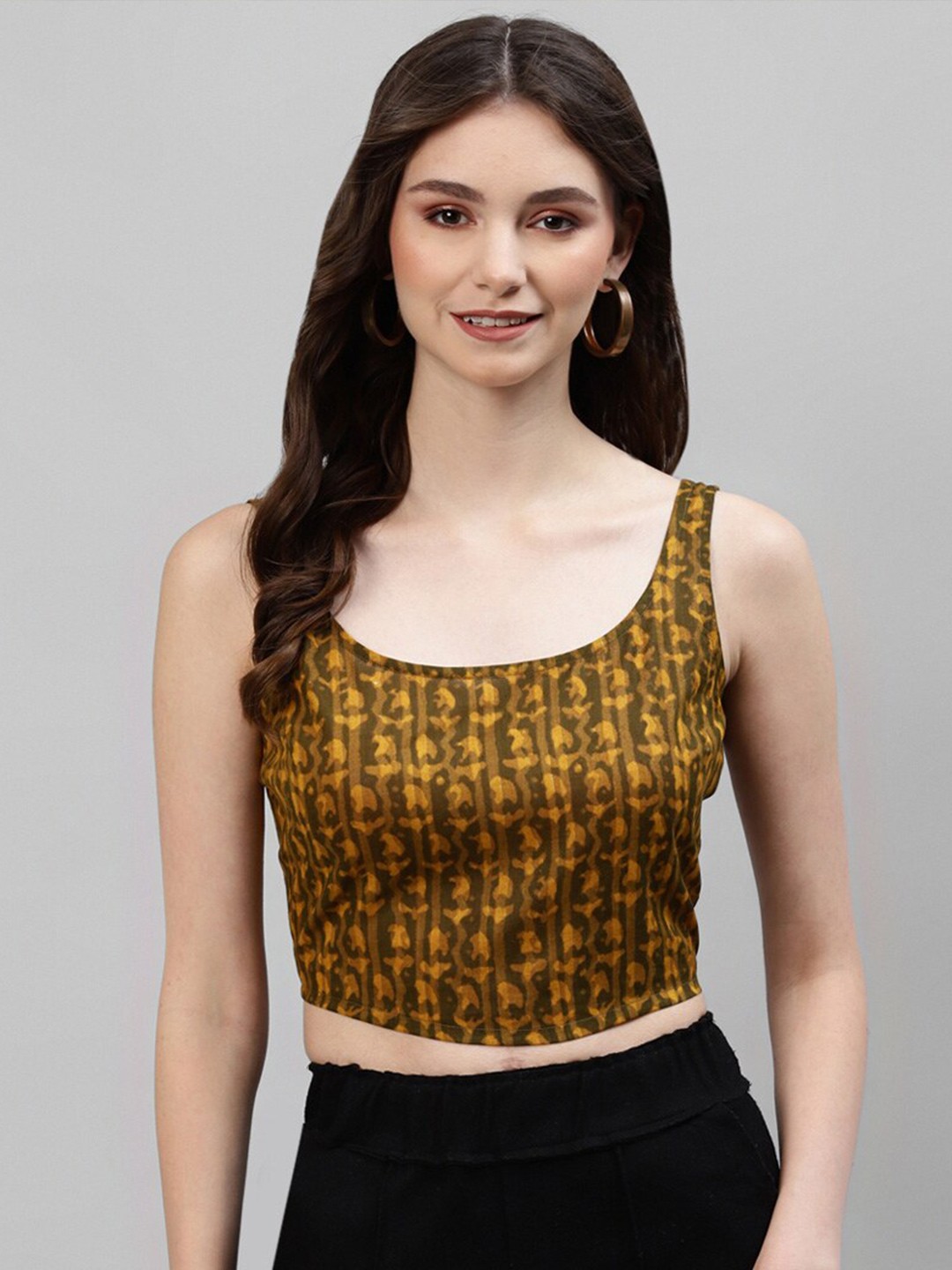 

DEEBACO Mustard Yellow Printed Cotton Crop Top
