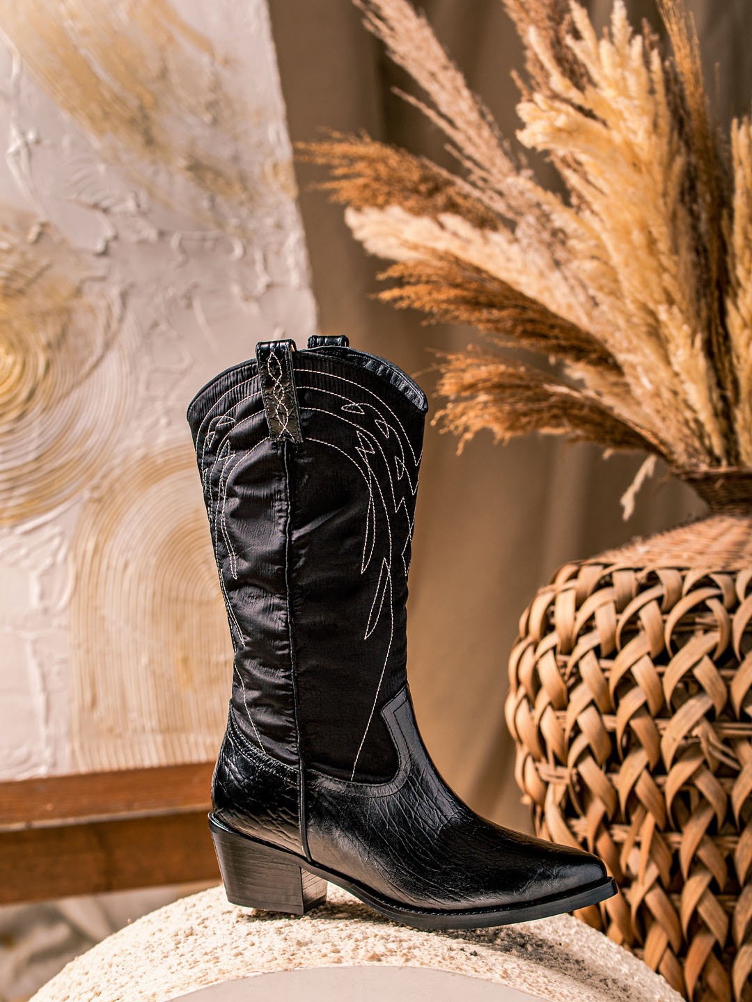 

Saint G Black Stitched Leather Handcrafted High-Top Regular Cowboy Boots