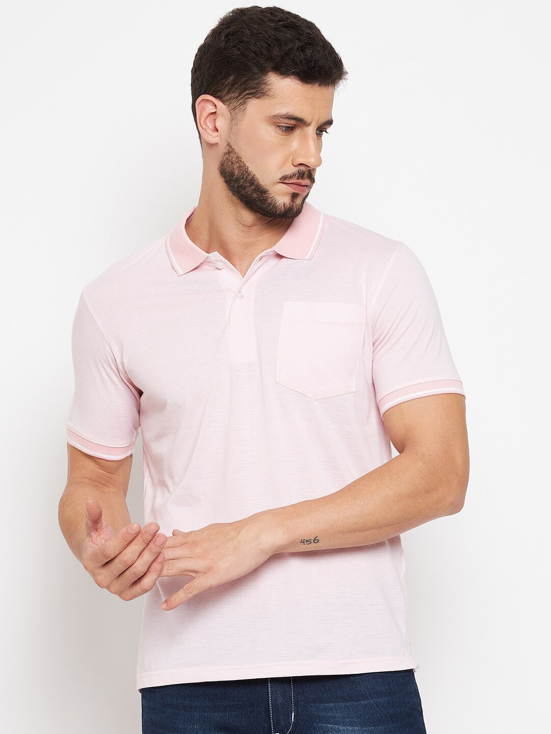 

Okane Men Pink Polo Collar Cotton T-shirt