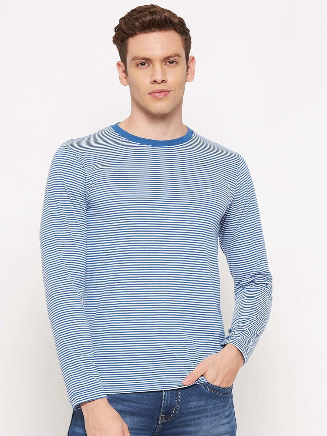 

Okane Men Blue & White Striped Cotton T-shirt