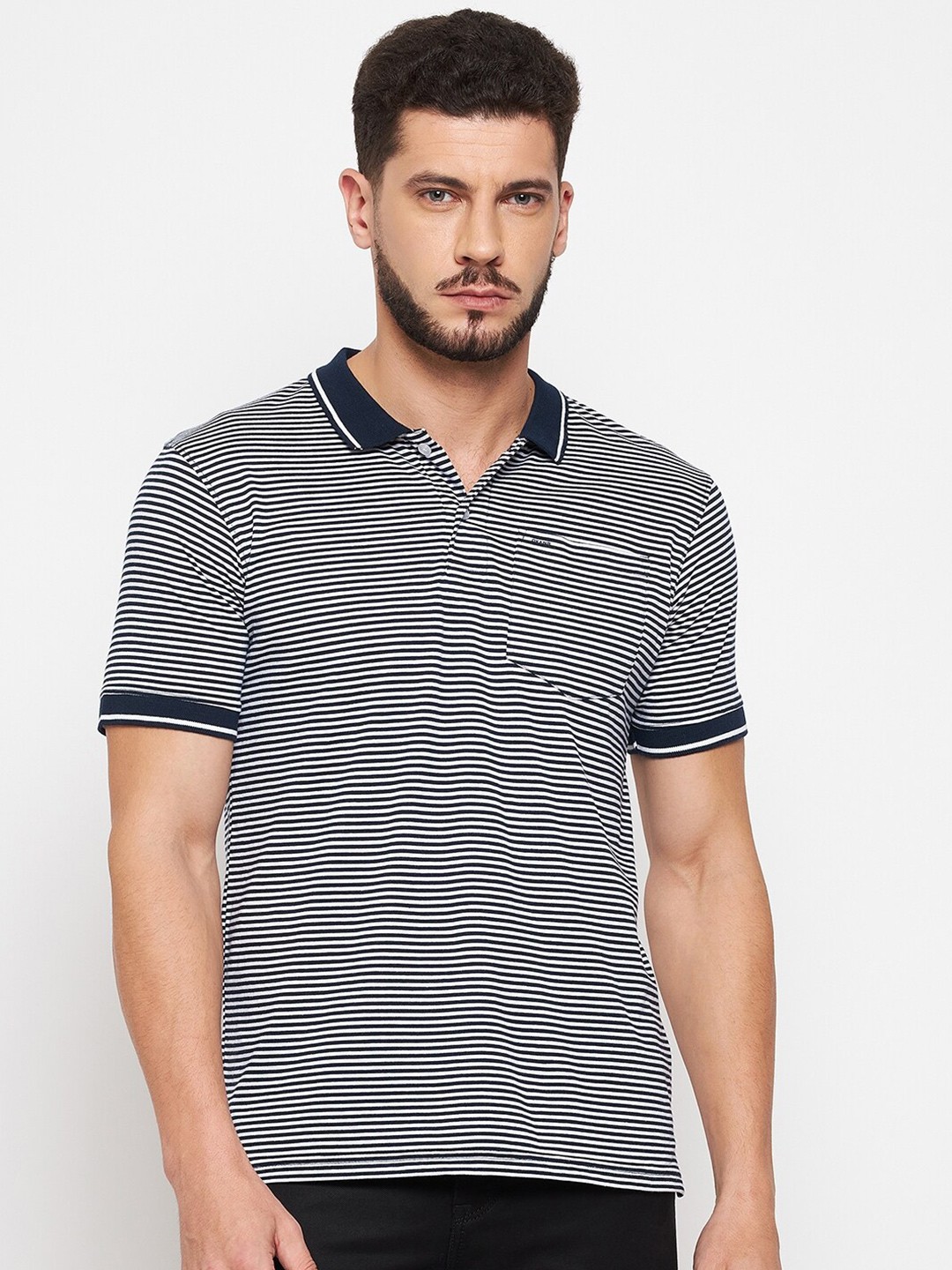 

Okane Men Navy Blue Striped Polo Collar T-shirt
