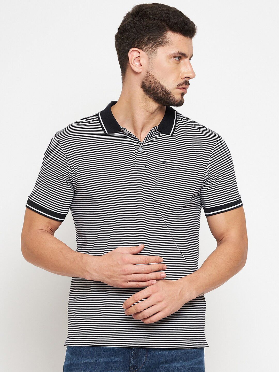 

Okane Men Black Striped Polo Collar T-shirt