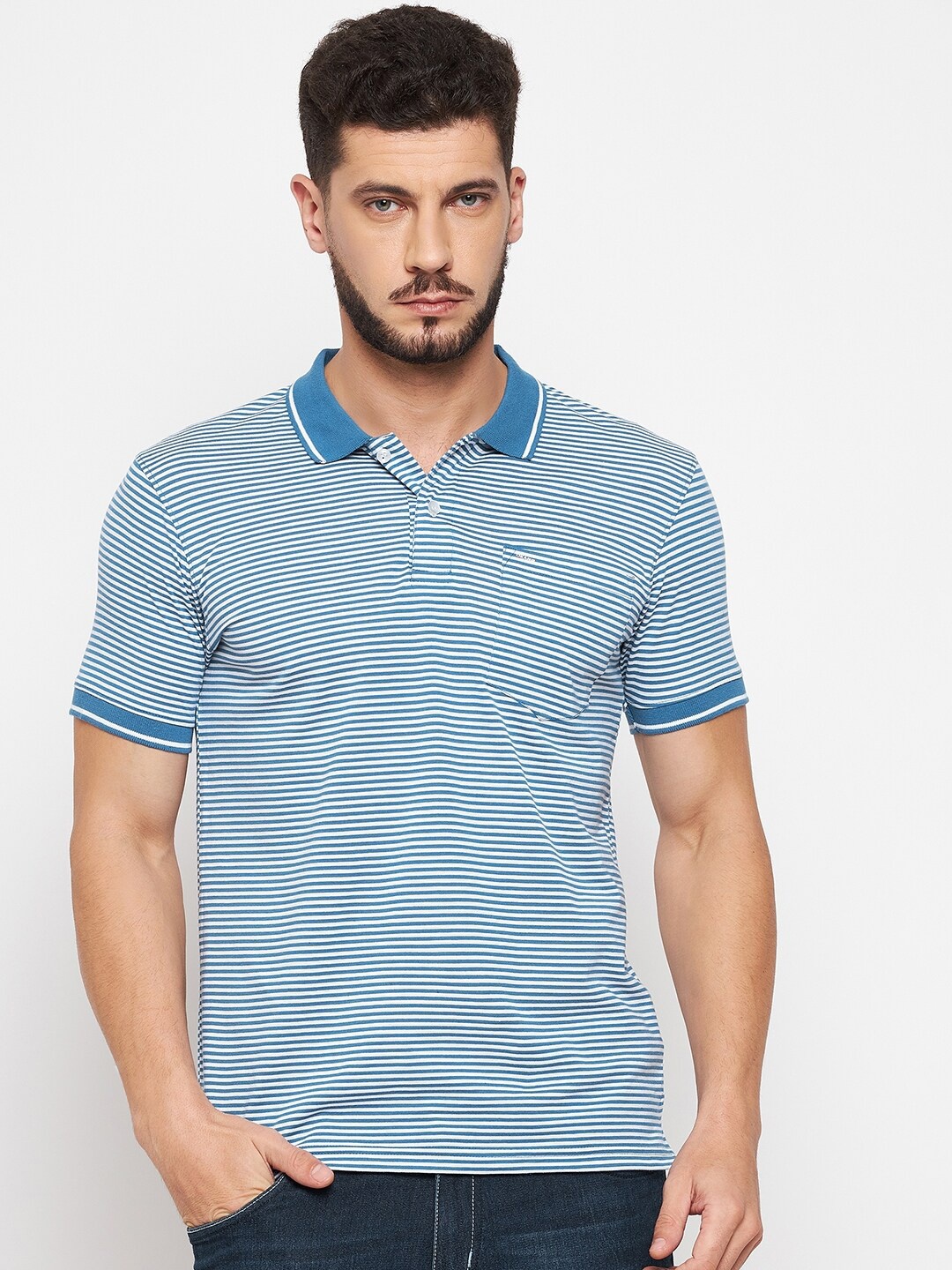 

Okane Men Blue Striped Polo Collar T-shirt