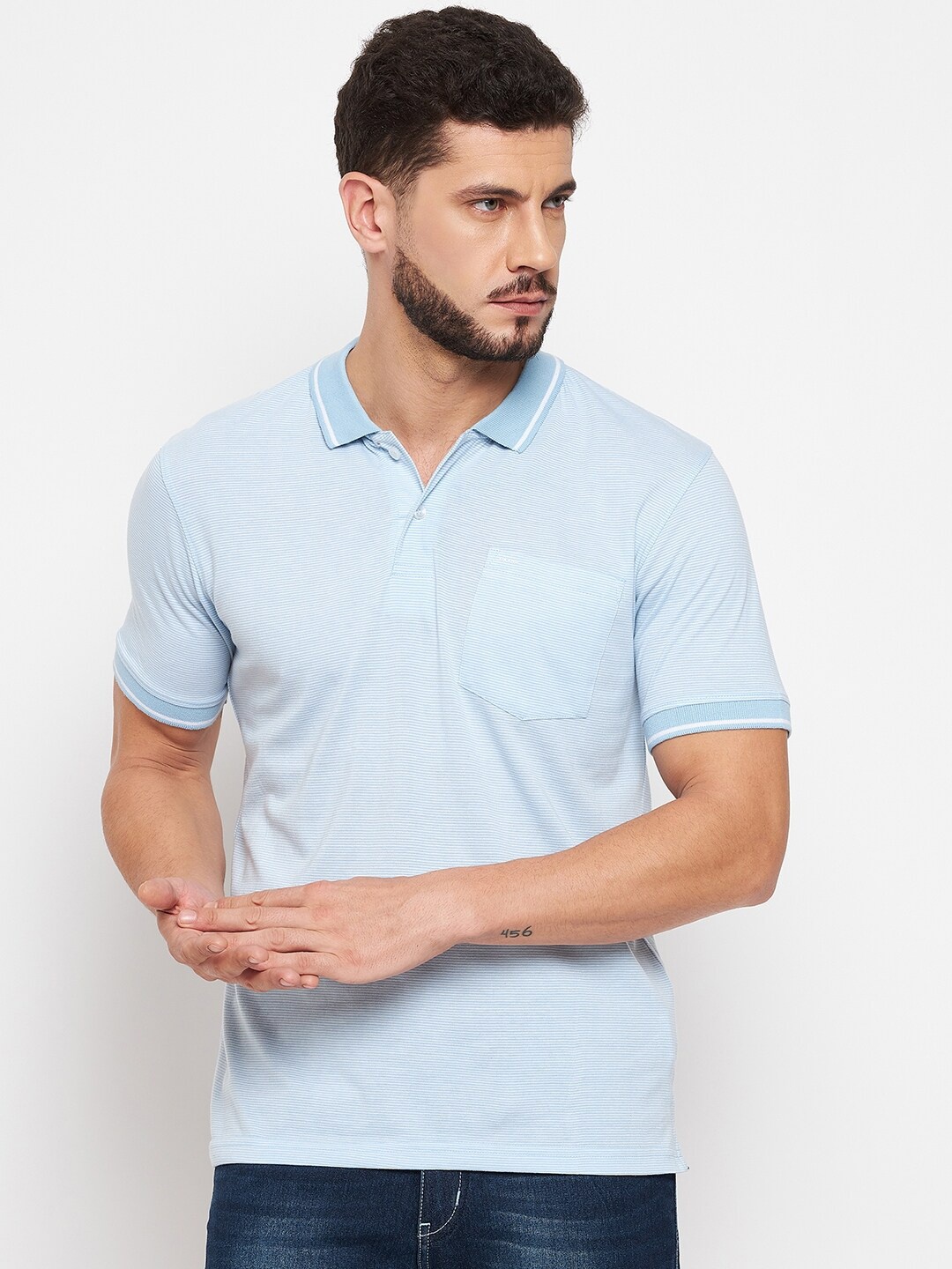 

Okane Men Blue Polo Collar Cotton T-shirt