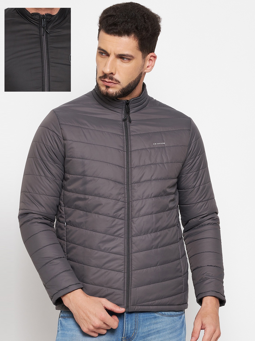 

Okane Men Grey & Black Reversible Padded Jacket