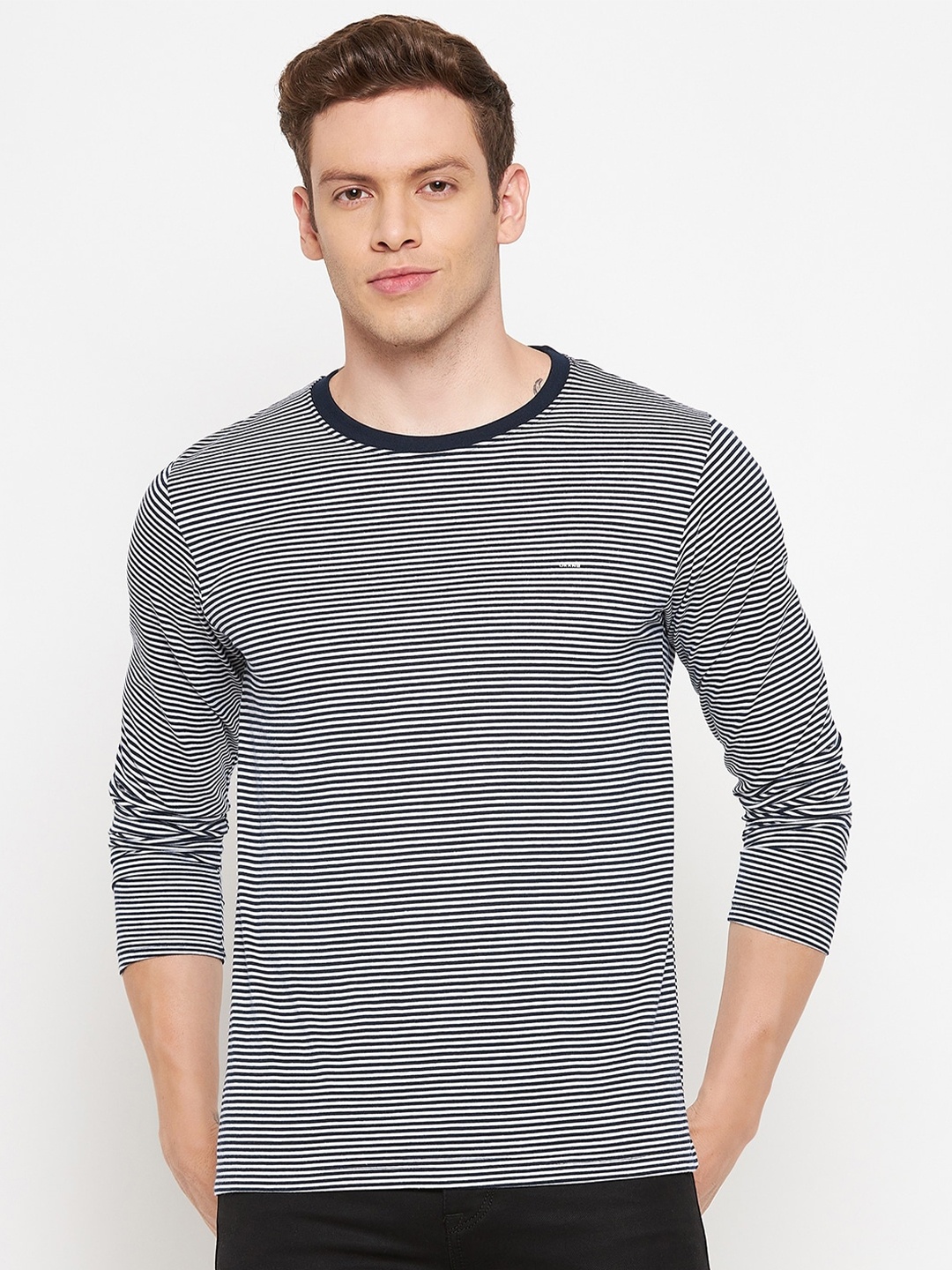 

Okane Men Navy Blue Striped Cotton T-shirt