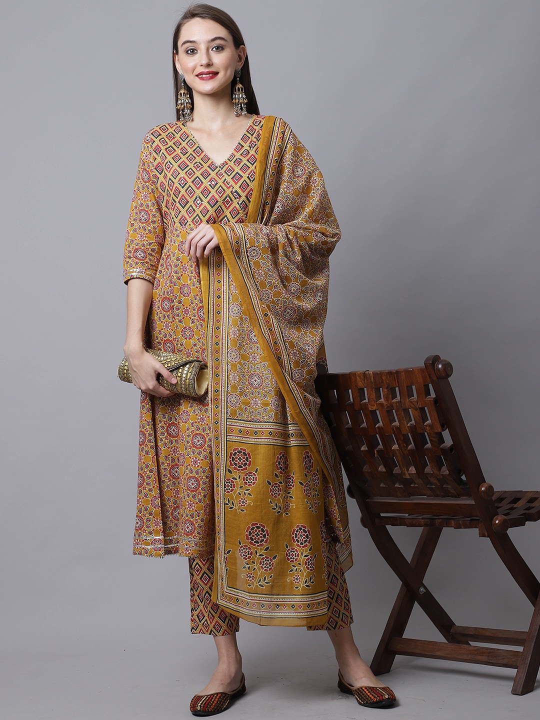 

Rajnandini Women Mustard Yellow Printed Pure Cotton Kurta with Trousers & Dupatta