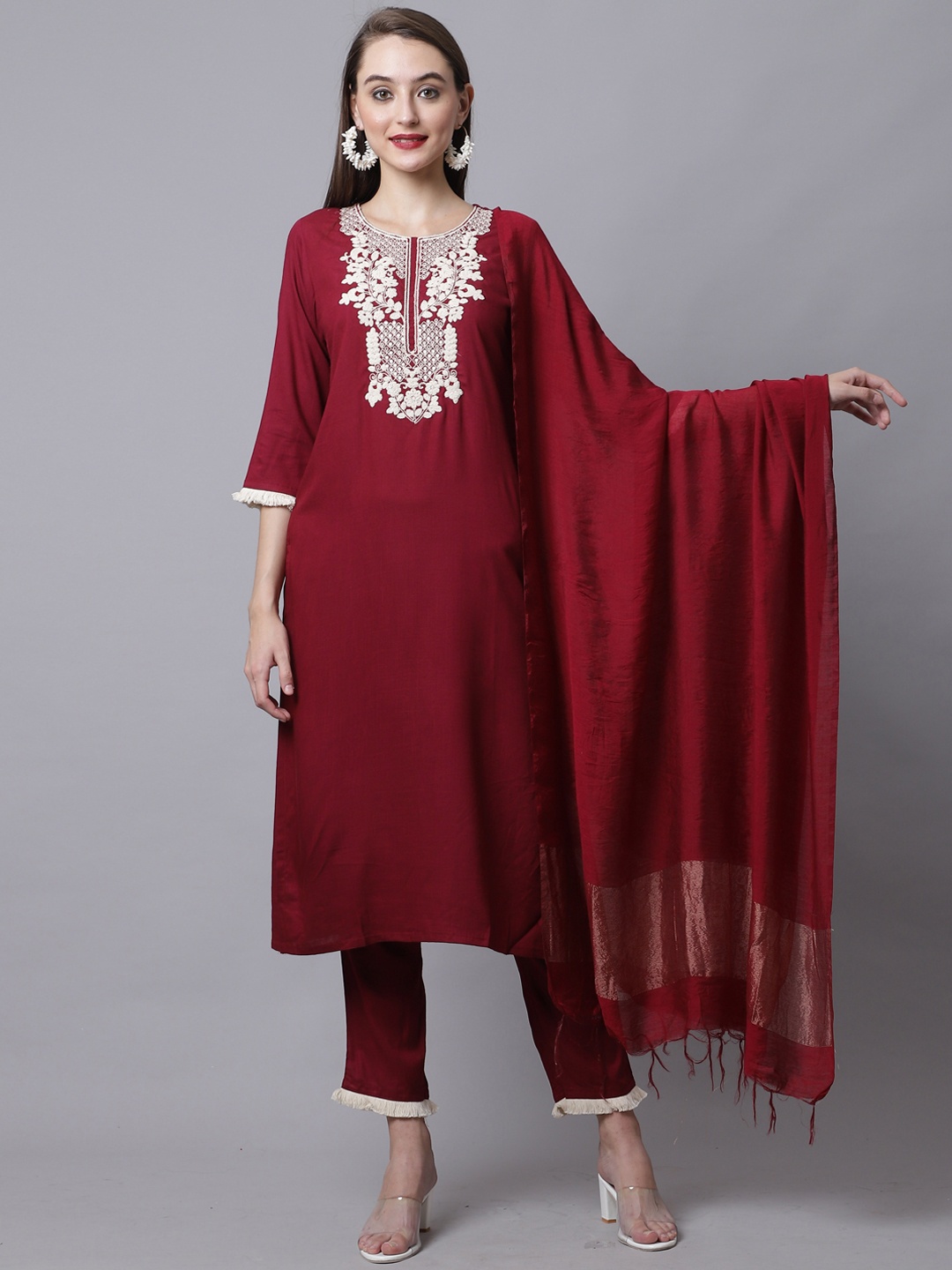 

Rajnandini Women Maroon Embroidered Pure Cotton Kurta with Trousers & Dupatta
