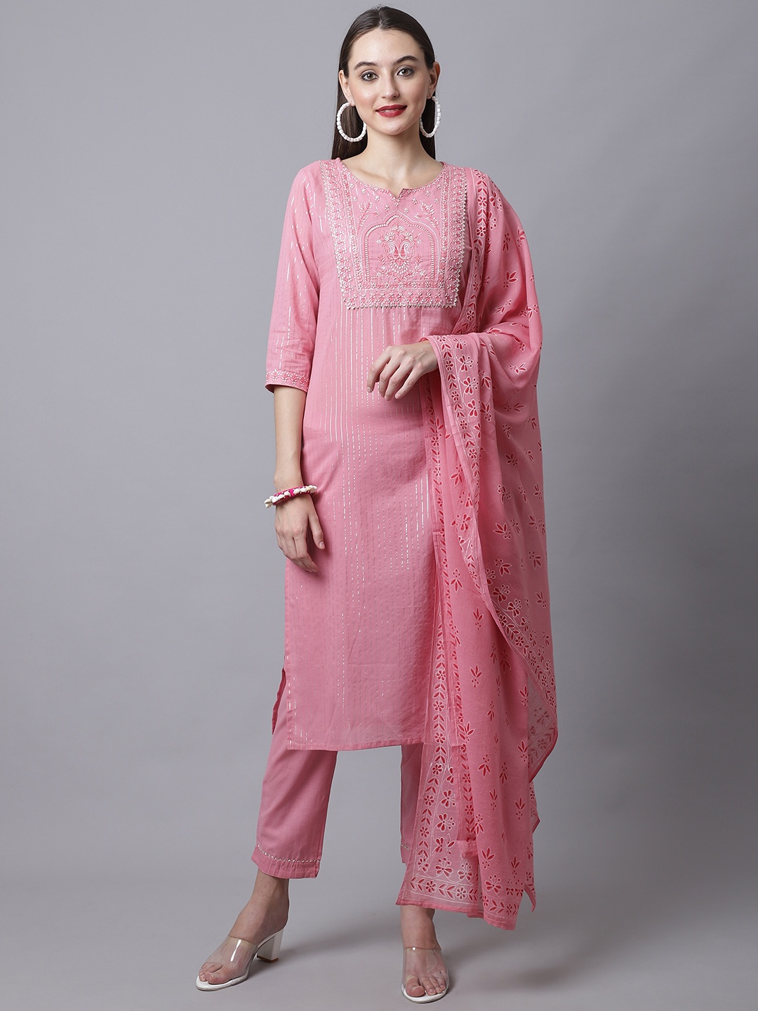 

Rajnandini Women Pink Floral Embroidered Pure Cotton Kurta with Trousers & Dupatta