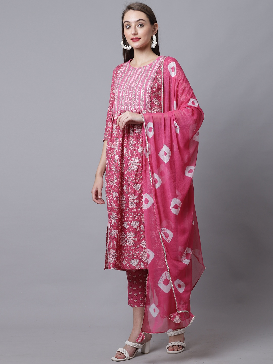 

Rajnandini Women Pink Embroidered Pure Cotton Kurta with Trouser & With Dupatta Set