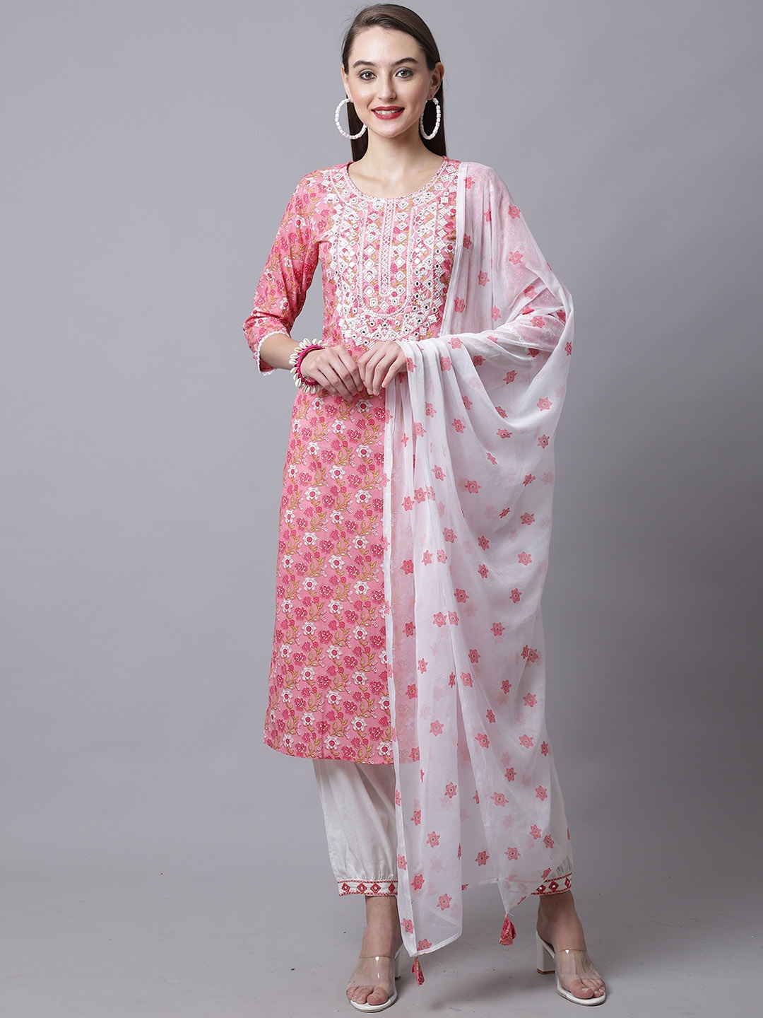 

Rajnandini Women Pink Mirror Work Pure Cotton Kurta with Trouser & With Dupatta Set