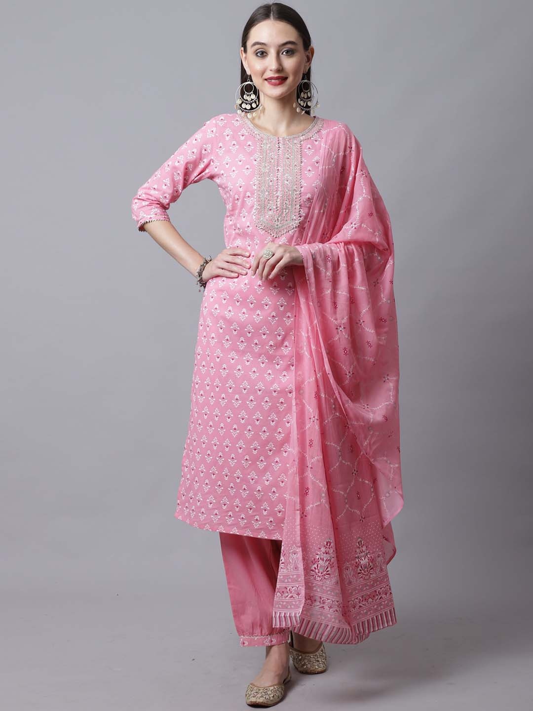 

Rajnandini Women Pink Ethnic Motifs Printed Thread Work Pure Cotton Kurta with Trousers & With Dupatta